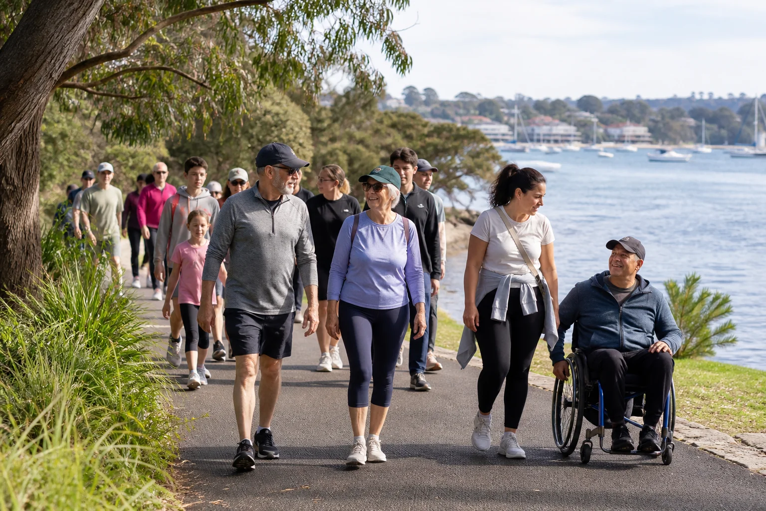 Inclusive community fundraising walk beside an Australian harbour