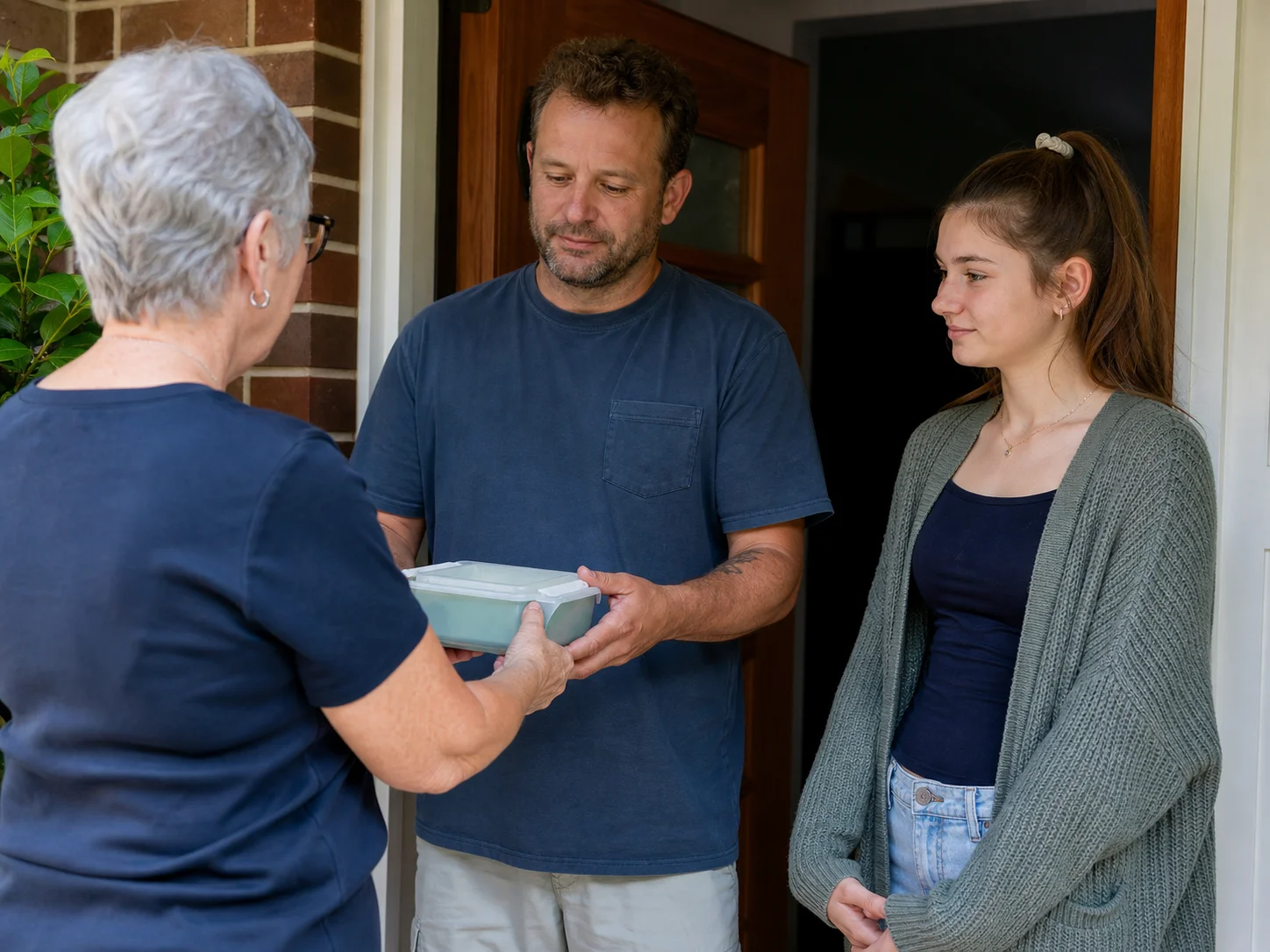 Volunteer delivering a prepared meal to a father and teenage daughter