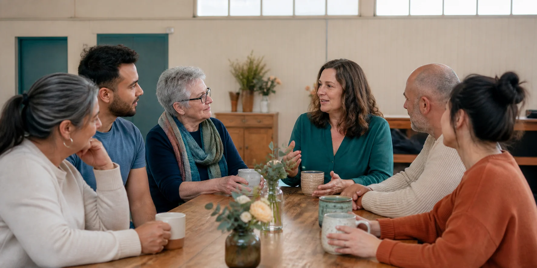 Cancer peer-support group meeting in a welcoming community hall