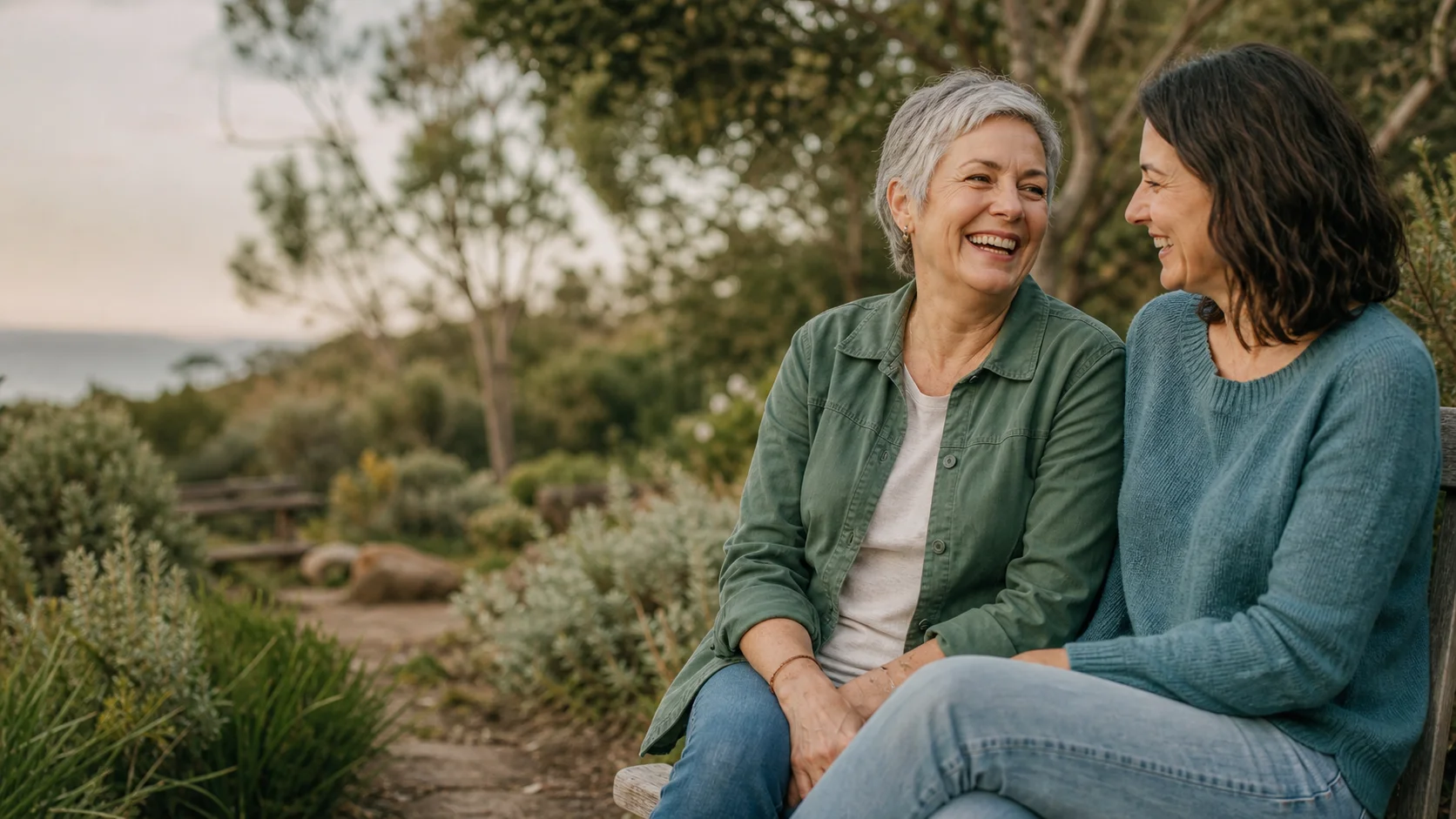Mother and adult daughter together in a community garden