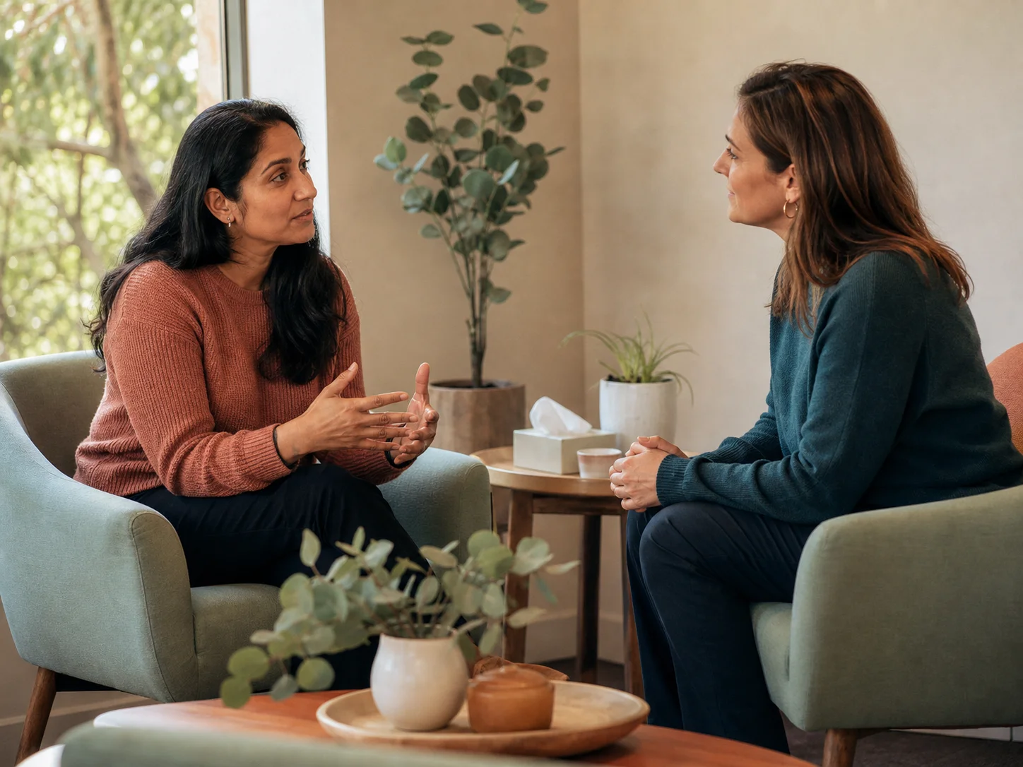 Counsellor speaking with a woman in a calm support room