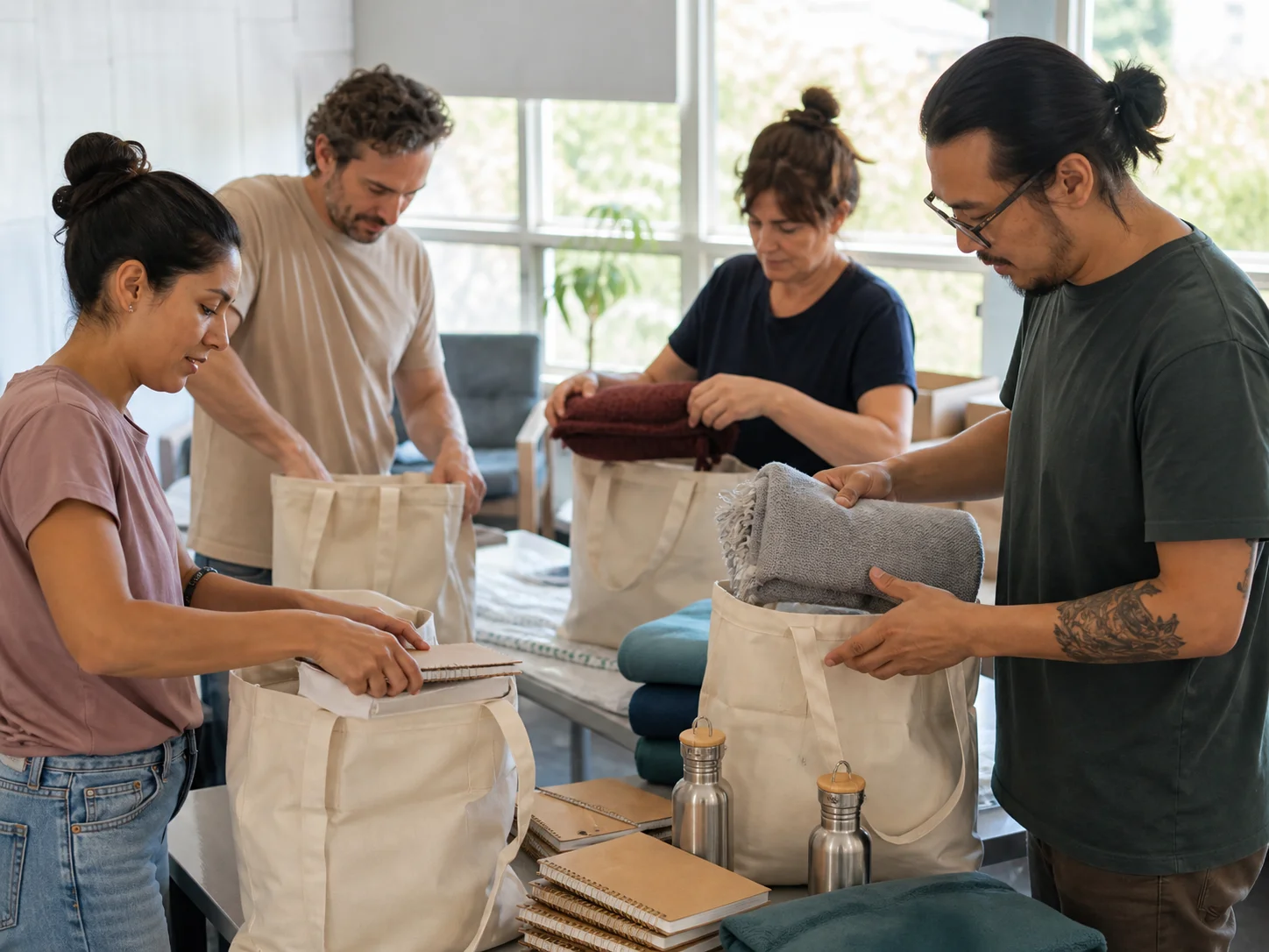 Volunteers packing practical support kits at a community centre